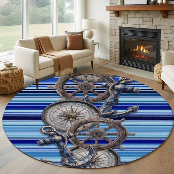 Vintage Anchor Nautical Round Area Rug 8Ft Washable Large Circle Rugs for Living Room Dorm, Coastal Blue Striped Non-Slip Carpet Floor Mats Indoor Outdoor Carpet Runner Aesthetic Home Decor
