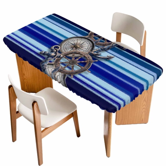 Vintage Anchor Nautical Table Cloths for 3 Foot Rectangle Tables, Coastal Blue Striped Patio Waterproof Elastic Fitted Tablecloths, Washable Rectangular Table Cover for Camping