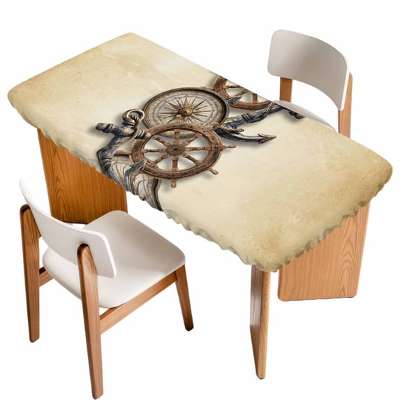 Vintage Anchor Nautical Table Cloths for 3 Foot Rectangle Tables, Coastal Compass Brown Patio Waterproof Elastic Fitted Tablecloths, Washable Rectangular Table Cover for Camping