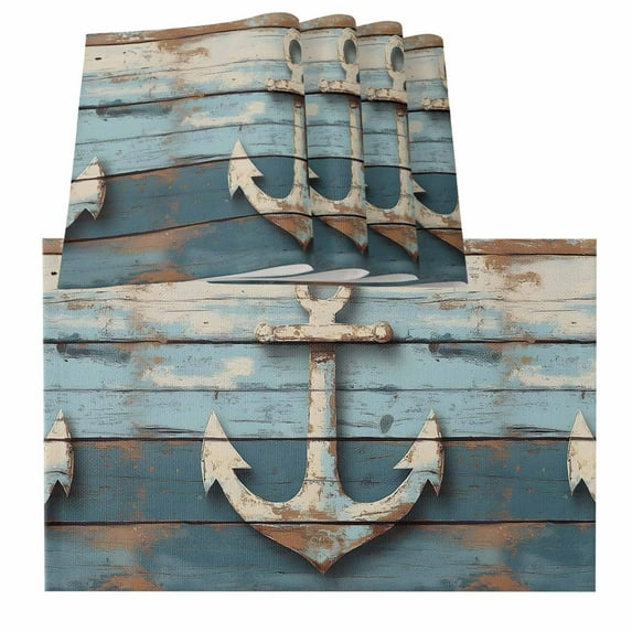 Vintage Anchor Placemats for Dinning Table Set of 4, Retro Farmhouse Nautical Wooden Burlap Kitchen Place Mats Waterproof Cloth Table Mats, Indoor Outdoor Placemats Easy Clean Dinner Decor
