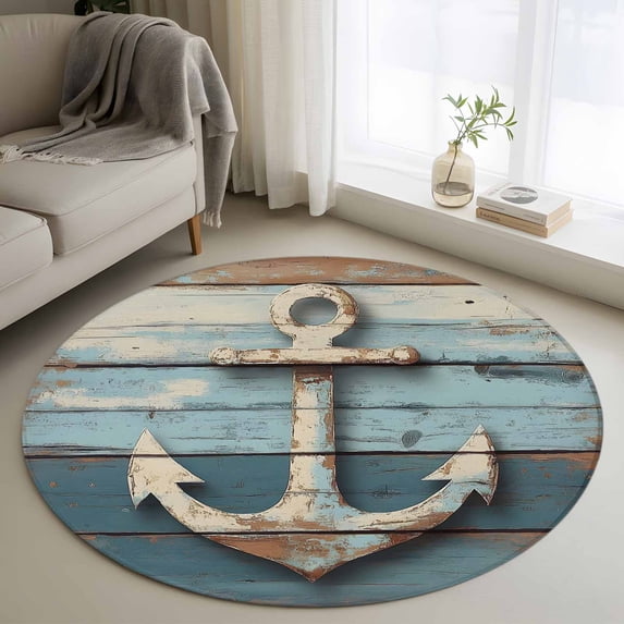Vintage Anchor Round Area Rug 3.3 FT, Non Slip Small Entryway Kitchen Mat, Retro Farmhouse Nautical Wooden Washable Soft Circular Rug Non-Shedding Door Mat for Bathroom Playroom Kids Room