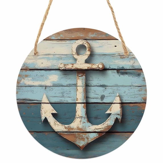 Vintage Anchor Round Front Door Welcome Sign, 7.8 Inch Wall Hanging Decor for Indoor Outdoor, Retro Farmhouse Nautical Wooden Home Porch Hanger Decorations for Holiday Gift