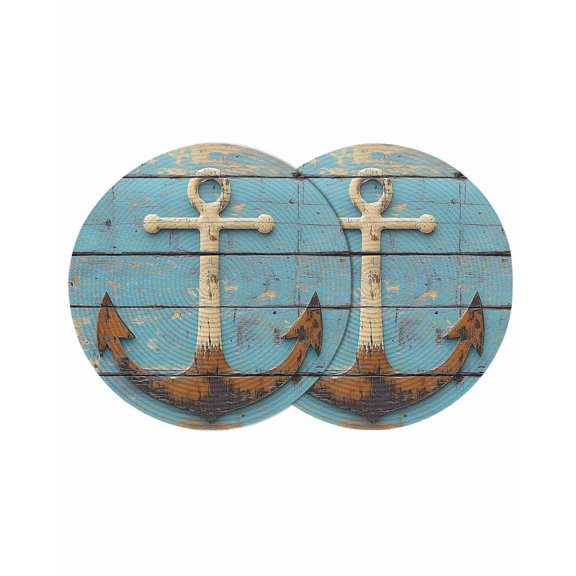 Vintage Anchor Round Placemats Set of 2 for Dinning Tables,Heat-proof Braided Table Mats 13 Inch,Coastal Nautical Blue Brown Wooden Washable Place Mat for Kitchen Restaurant Party Decor Table Setting