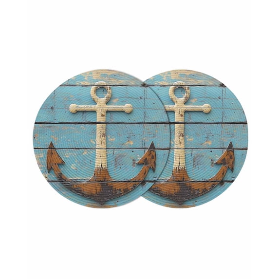 Vintage Anchor Round Placemats Set of 2 for Dinning Tables,Heat-proof Braided Table Mats 15 Inch,Coastal Nautical Blue Brown Wooden Washable Place Mat for Kitchen Restaurant Party Decor Table Setting