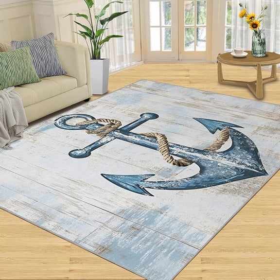 Vintage Anchor Rug, Nautical Marine Coastal Area Rugs for Bedroom, Wooden Stripes Design Carpet, Washable Non-Slip Low Pile Area Rugs for Living Room, Nautical Themed Home Decor & Gifts ﻿ 3 x 5ft