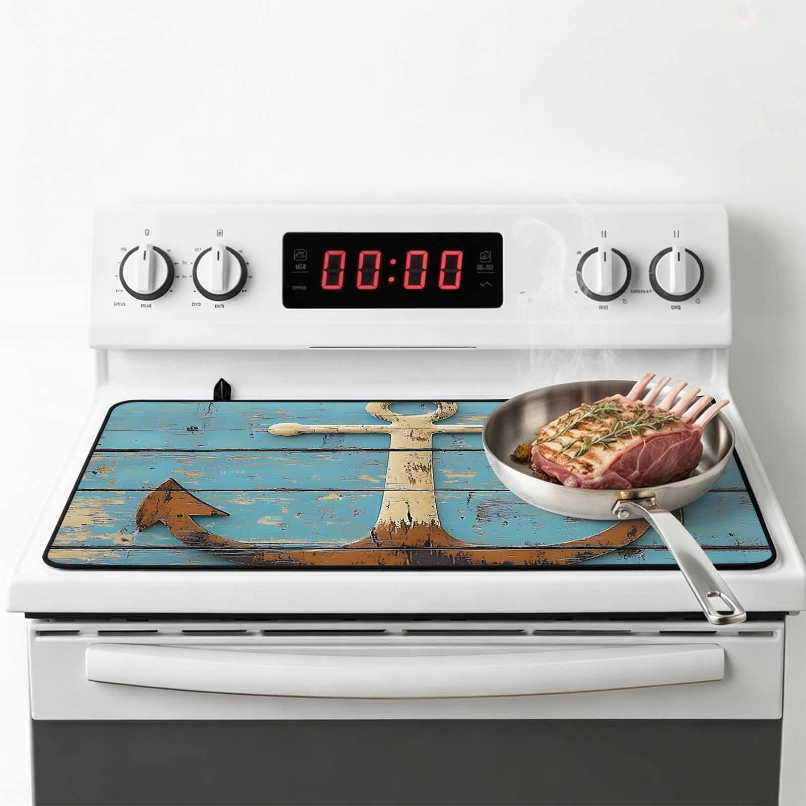 Vintage Anchor Stove Top Cover for Electric Stove, Heat-proof & Non Slip Glass Top Stove Cover Protector, Coastal Nautical Blue Brown Wooden Kitchen Flat Cooktop Rubber Mat 24x21 Inches