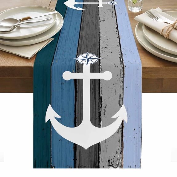 Vintage Anchor Table Runner 13 x 48 Inch, Country Tear Gradient Wood Grain Washable Cotton Linen Dining Table Runner Tabletop Decorations for Restaurant Home Kitchen Party