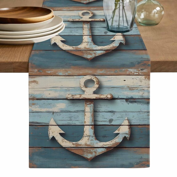 Vintage Anchor Table Runner, Retro Farmhouse Nautical Wooden Washable Cotton Linen Table Runners 36 Inches Long, Dresser Scarf Runner for Nightstand/End Tables/Round Tables 13''x36''