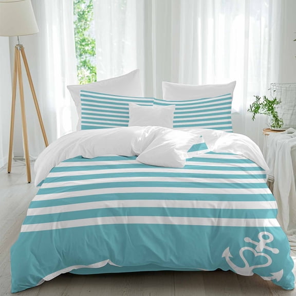Vintage Anchor Texture Full Size Comforter Set, Green Stripes Geometric Classic Bedding for All Seasons, 4 Pcs Bed Set, 1Quiltcover (86"x86") ,1Sheet(80"x116"), 2Pillowcases (30"x20")