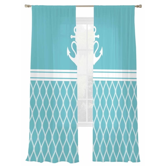 Vintage Anchor Texture Sheer Curtains 2 Panels Set Teal White Geometric Classic Stripes Sheer Window Curtains Light Filtering Rod Pocket Voile Drapes for Bedroom Living Room 52"X96"