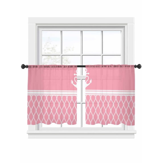 Vintage Anchor Texture Sheer Curtains 54 Inch Long 2 Panels, Pink White Geometric Classic Stripes Light Filtering Rod Pocket Curtains, Sheer Voile Drapes for Living Room Bedroom, 52"x54"