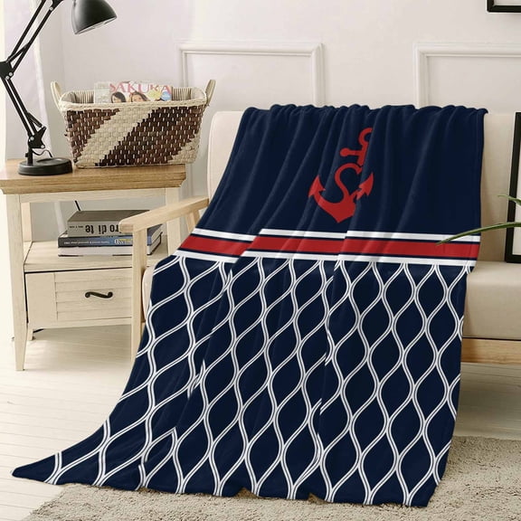 Vintage Anchor Texture Throw Flannel Blanket 40x50In Blue Red Geometric Classic Super Soft Cozy Bed Blanket, Lightweight Plush Fuzzy Bed Throw for Bedroom Sofa Couch Living Room