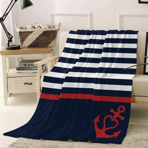 Vintage Anchor Texture Throw Flannel Blanket 40x50In Blue Stripes Geometric Classic Super Soft Cozy Bed Blanket, Lightweight Plush Fuzzy Bed Throw for Bedroom Sofa Couch Living Room