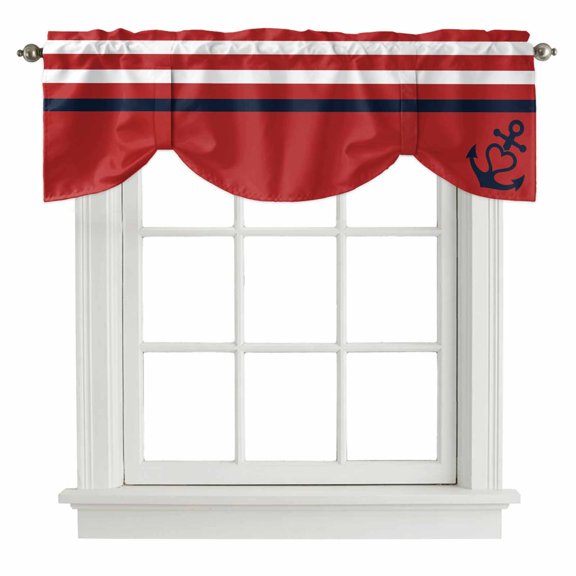 Vintage Anchor Texture Tie Up Valance Curtains Red Stripes Geometric Classic Adjustable Light Filtering Tie Up Valance Small Window Shade for Kitchen Bedroom Cafe 42" W x 12" L