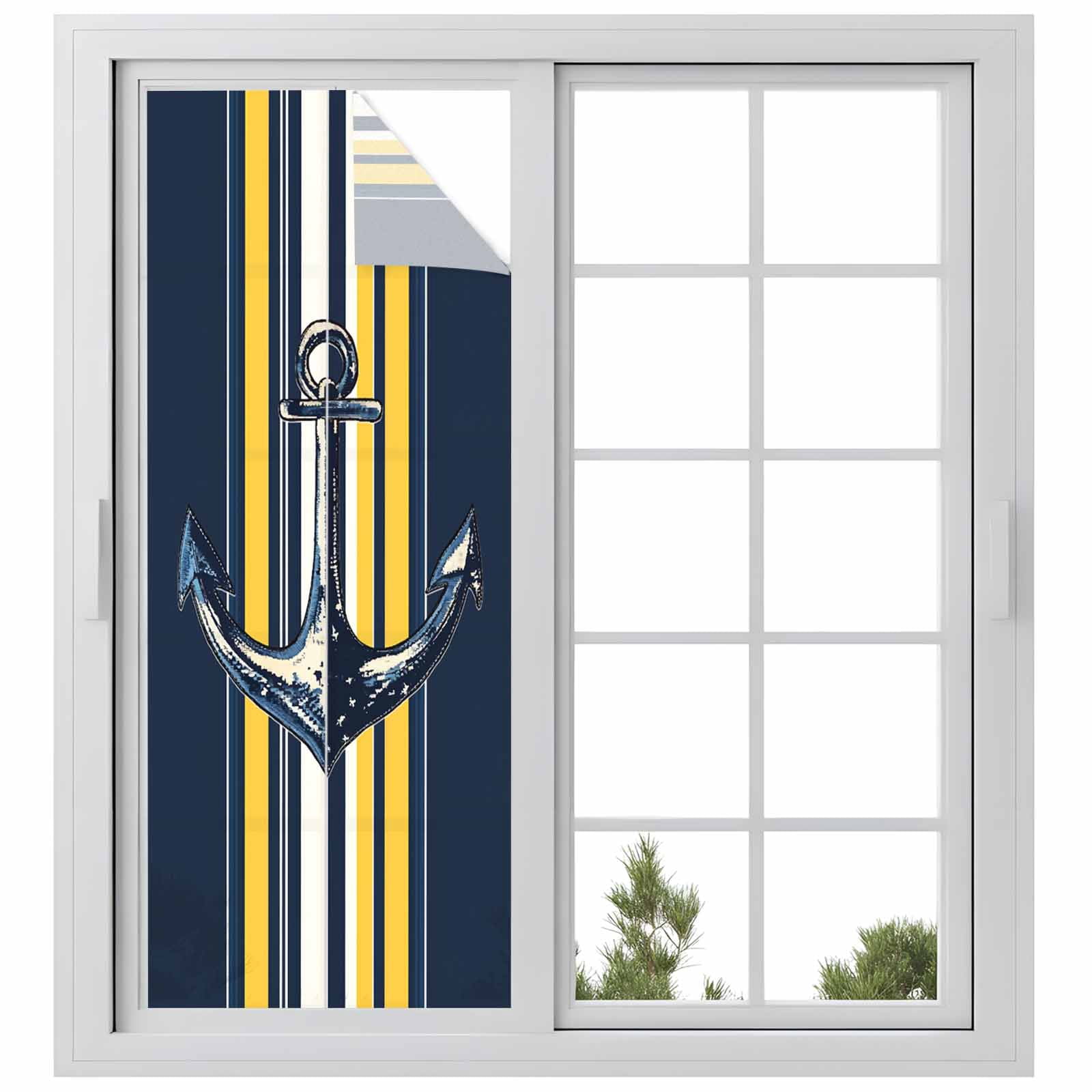 Vintage Anchor Window Privacy Film, Yellow Blue Striped Frosted Glass Window Clings Static Cling UV Heat Blocking Reusable Door Sticker for Bathroom 23.6 x 59 Inch