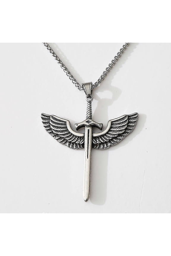 Vintage Angel Holy Sword Stainless Steel Cross Necklace For Men Fashion Jewelry Angel Wing Necklace Pendant Punk Men Chain