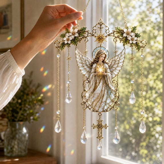 Vintage Angel Moon Dove Diamond Painting Hanging Ornament Kit, Stained Glass Style Crystal Tassel Round Diamond Art, Winter Christmas Window Hanging DIY Craft Gift