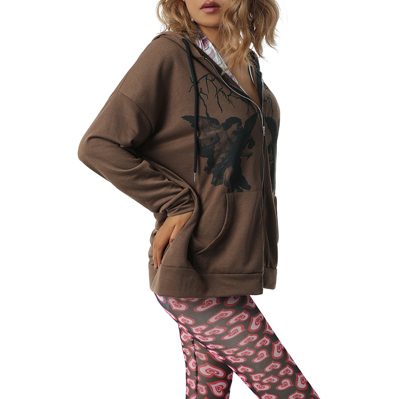 Y2K Vintage Angel Print Oversized Hoodies Zip Up Women Grunge Streetwear  Jacket