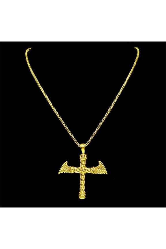 Vintage Angel Wing Cross Christian Necklace for Women Men 14K Yellow Gold Punk Rock Man Chain Jewelry Boyfriend Gift