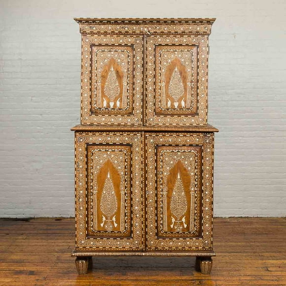 Vintage Anglo Indian Teak Wood Wardrobe Bone Inlaid Cabinet, Bone inlay armoire, bone inlay almirah, bone inlay unit