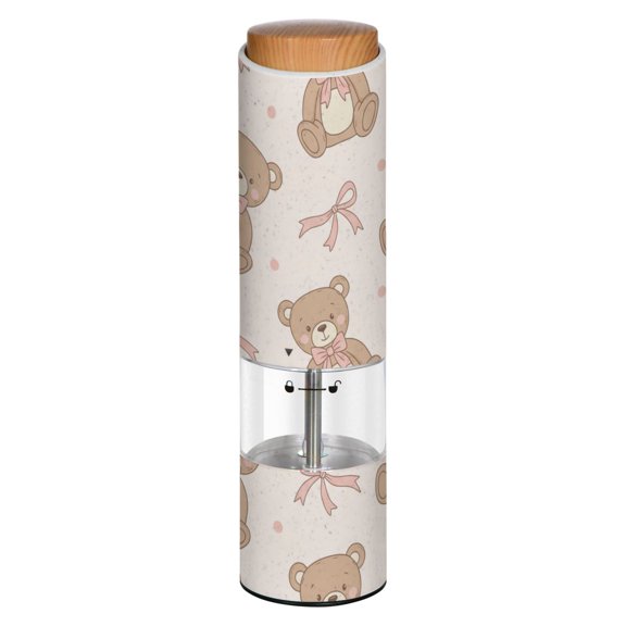 Vintage Animal Bear Pink Ribbon Bow Printed Electric Pepper Mill One-Touch Battery Operated Salt Grinder Adjustable Coarseness Decorative Counter Spice Tool