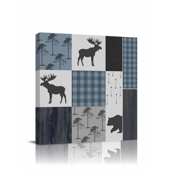 Vintage Animal Canvas Wall Art, Classic Woods Bear Moose Plaid Framed Wall Decor Modern Artwork Prints Painting for Living Room, Bedroom, Kitchen & Cafe Decor 12x12 Inch