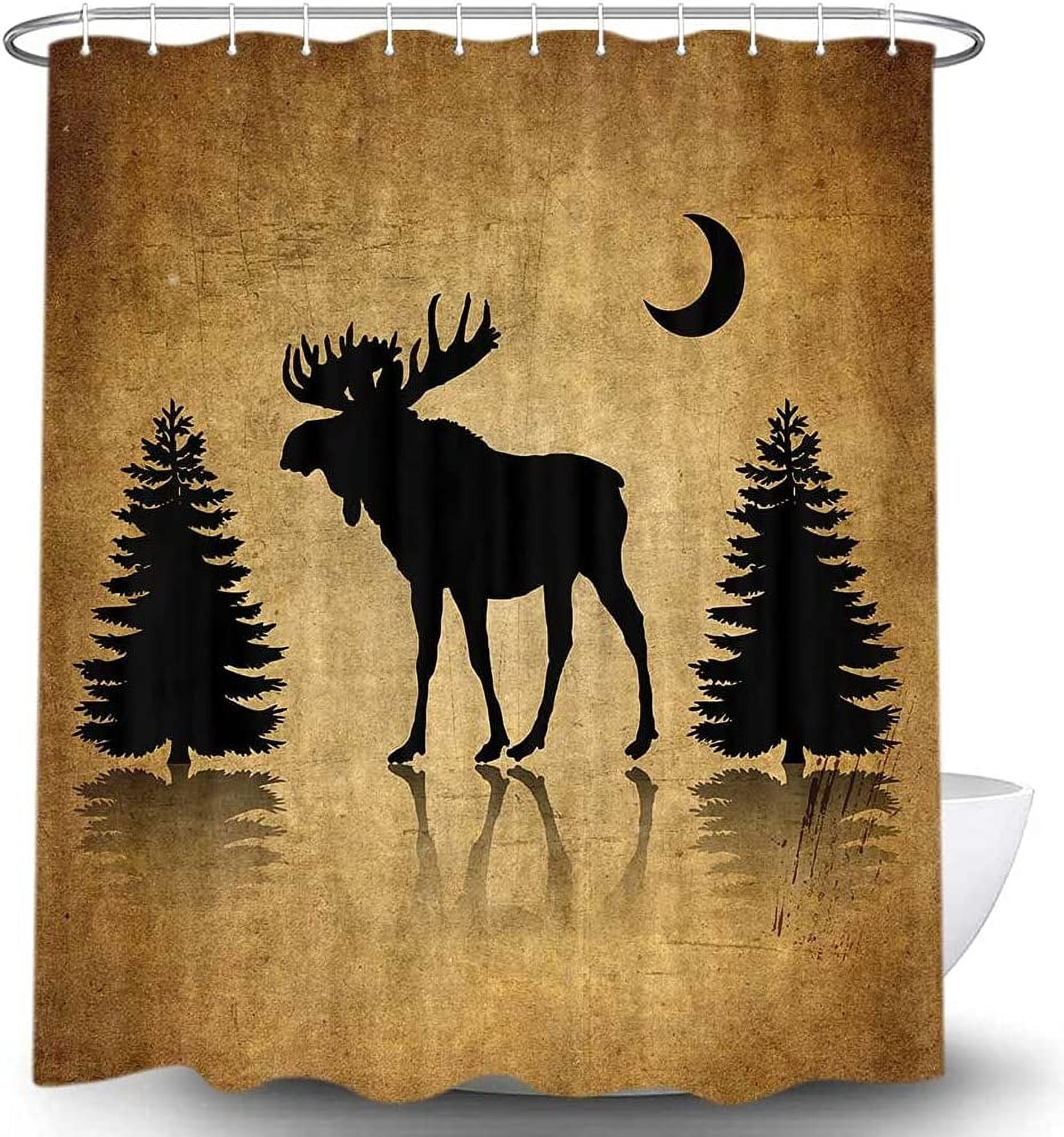 Vintage Elk Forest Shower Curtain – Moon Night Deer Design, Waterproof Polyester 72x84 Inch
