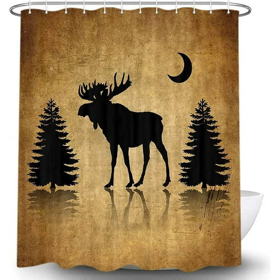 Vintage Animal Decor Shower Curtain, Rustic Elk Moose Deer Forest Pine Tree Moon Design, Countryside Farmhouse Style Bathroom Decor Sets Fabric Bath Curtains, 69X70 Inches with Hooks