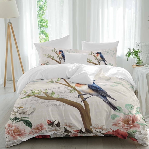 Vintage Animal Full Size Comforter Set, Summer Spring Branch Blue Bird Floral Bedding for All Seasons, 4 Pcs Bed Set, 1Quiltcover (86"x86") ,1Sheet(80"x116"), 2Pillowcases (30"x20")