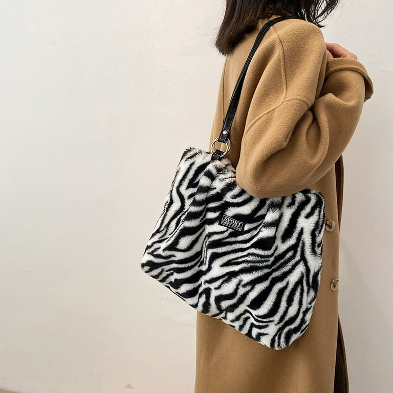 Vintage Animal Pattern Print Plush Shoulder Bag Women Large Handbag Zebra
