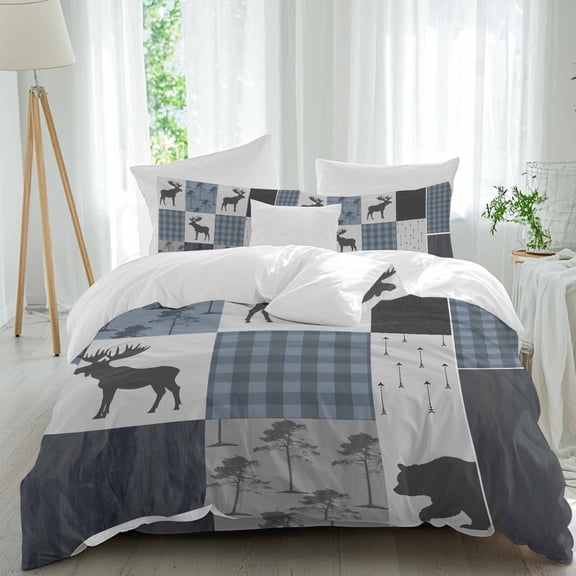 Vintage Animal Queen Size Comforter Set, Classic Woods Bear Moose Plaid Bedding for All Seasons, 4 Pcs Bed Set, 1Quiltcover (90"x92") ,1Sheet(94"x116"), 2Pillowcases (30"x20")