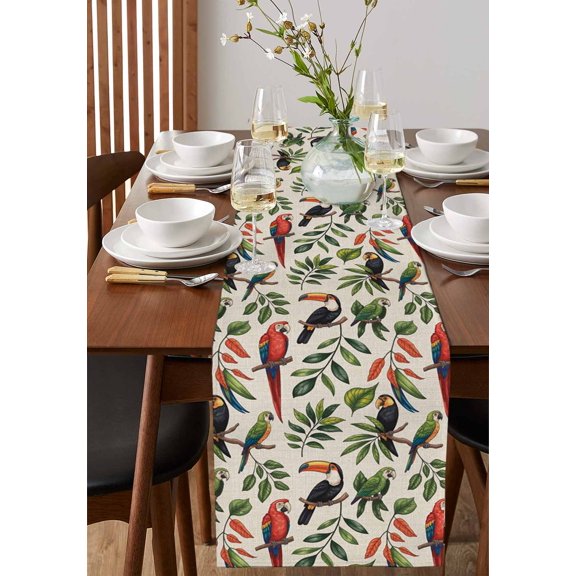 Vintage Animal Red Black Parrots Table Runner 13x72in Non-Slip Cotton Linen Table Runners, Leaf on Linen Dresser Scarves TableRunner for Dinner Kitchen Dining Wedding Party