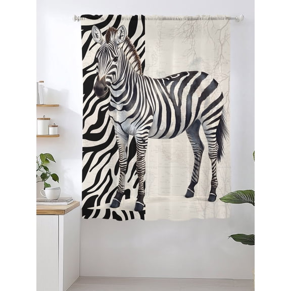 Vintage Animal Sheer Curtains 63 Inch Long 1 Panel Watercolor Black Zebra Pattern Texture Light Filterring Curtain Drapes Rod Pocket Voile Window Curtain for Living Room Bedroom 52" x 63"