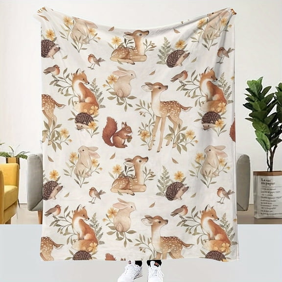 Vintage Animal Theme Digital Print Soft Comfort Throw Blanket - Polyester Knit Fabric, All-Season Multipurpose Cozy Cover with Woodland Creatures Pattern, Ideal for Nap Time - 200-250 gsm Weight