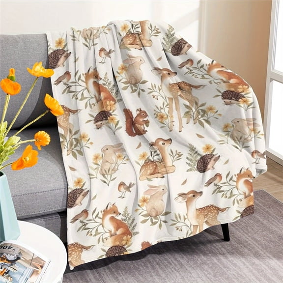 Vintage Animal Theme Digital Print Soft Comfort Throw Blanket - Polyester Knit Fabric, All-Season Multipurpose Cozy Cover with Woodland Creatures Pattern, Ideal for Nap Time - 200-250 gsm Weight
