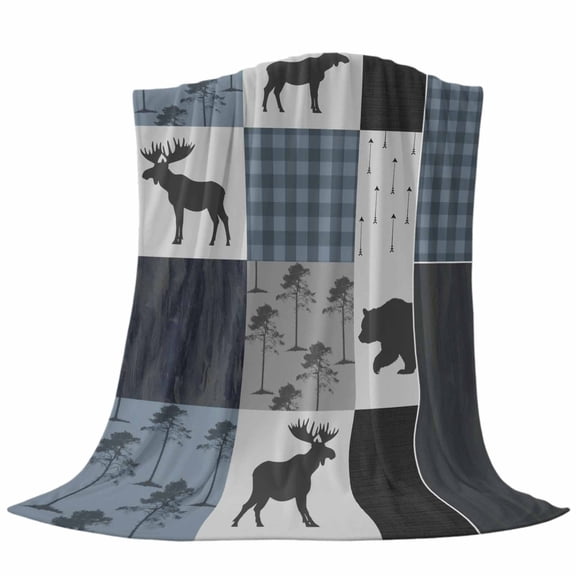 Vintage Animal Throw Flannel Blanket Classic Woods Bear Moose Plaid Super Soft Cozy Bed Blanket, Lightweight Plush Fuzzy Bed Throw for Bedroom Sofa Couch Living Room 50x60In,