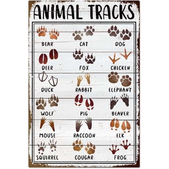 Vintage Animal Tracks Field Guide Metal Tin Sign 7.9x11.8 Inch Rustic Animals Tracks Funny Farmhouse Metal Poster Plaque for Home Cabin Country Classroom Colorful