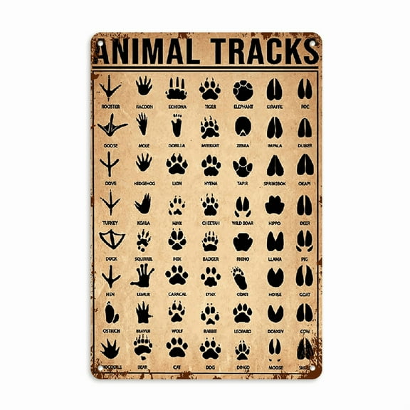 Vintage Animal Tracks Metal Wall Sign - 12x8 Inch Rustic Tin Plaque with Illustrated Tracks of 36 Wildlife Species, Perfect for Home, Garden, Nursery, or Cafe Decor, Ideal Gift for Animal Lovers, Gar
