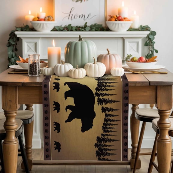 Vintage Animals Bear Cotton Linen Table Runner, Washable Table Runners for Kitchen, Dining Room, Holiday, Home Party Table Decor, 13x60 Inches