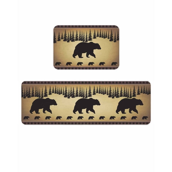 Vintage Animals Bear Kitchen Mats for Floor 2 Piece, Black Pine Forest Retro Animal Absorbent Non-Slip Kitchen Rugs Comfort Standing Mat for Laundry, Hallways 20"x24"+20"x48"