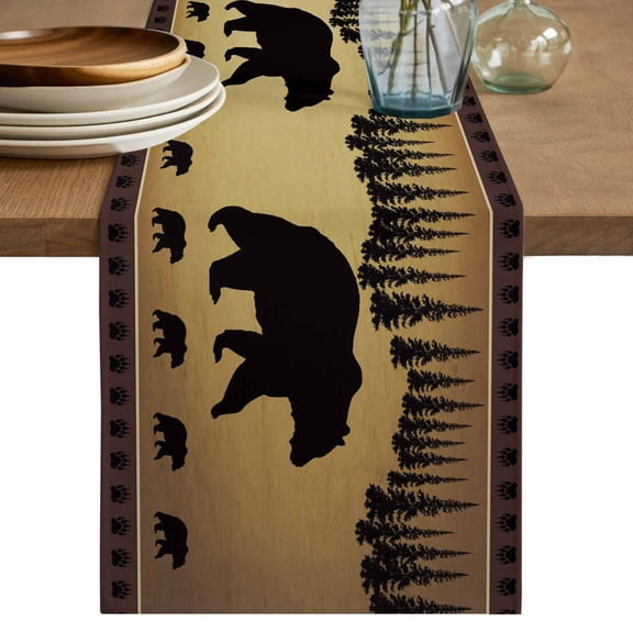 Vintage Animals Bear Table Runner, Black Pine Forest Retro Animal Cotton Linen Kitchen Table Decoration Washable Dining Tabletop Runners for Home Party Decor 13x36 Inches
