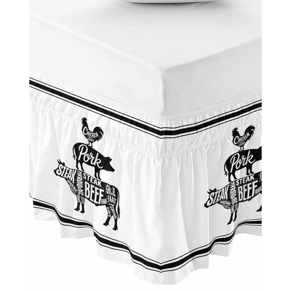 Vintage Animals Bed Skirt Cal King 16 Inch Drop, Wrap Around Bed Skirts, Pig Rooster Cow Funny Words Retro Art Elastic Bedskirt Pleated Bed Frame Cover Luxurious Dust Ruffle for Cal King Bed