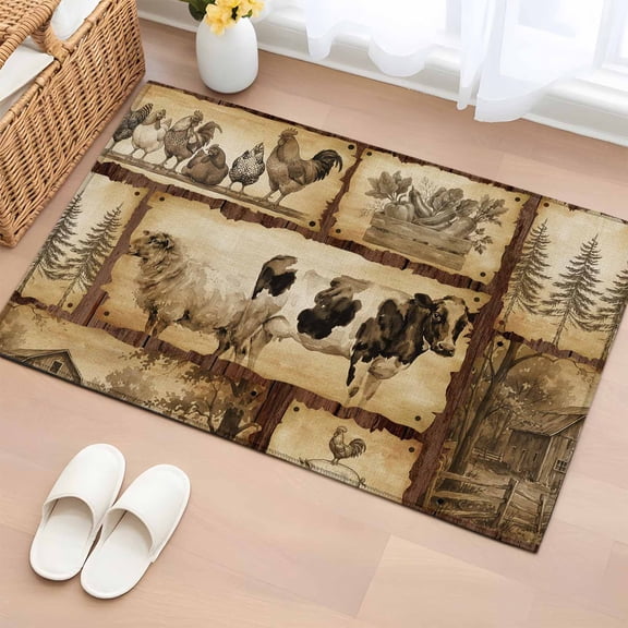 Vintage Animals Entryway Rug 2'x3'&nbsp; Non Slip Front Door Mats, Cow Rooster Trees Retro Art Entrance Rugs Indoor Outdoor Carpet, Washable Floor Mats Small Area Rug for Bedroom Kitchen