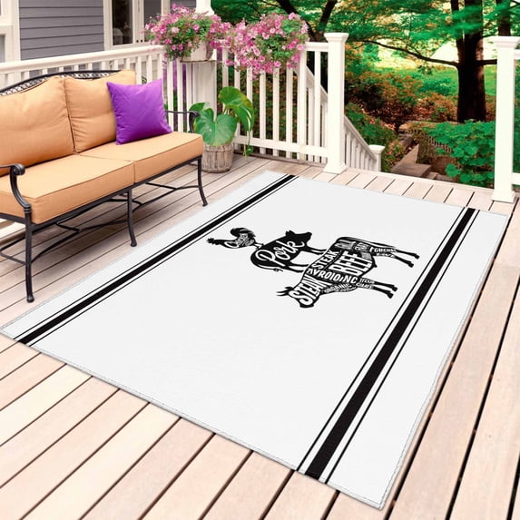 Vintage Animals Outdoor Rug 6x9 Ft, Non Slip Washable Area Rug, Pig Rooster Cow Funny Words Retro Art Patio Rugs Carpet Runner, Large Floor Mat for Indoor/Outdoor Deck Porch Camping