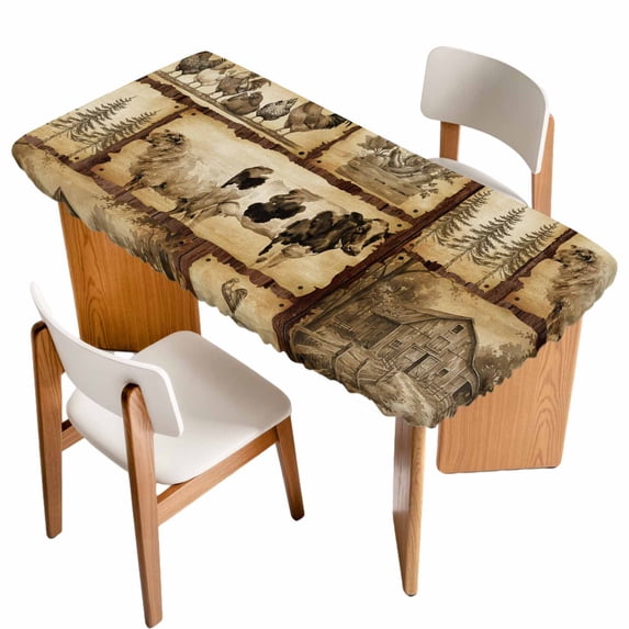 Vintage Animals Table Cloths for 5 Foot Rectangle Tables, Cow Rooster Trees Retro Art Patio Waterproof Elastic Fitted Tablecloths, Washable Rectangular Table Cover for Camping