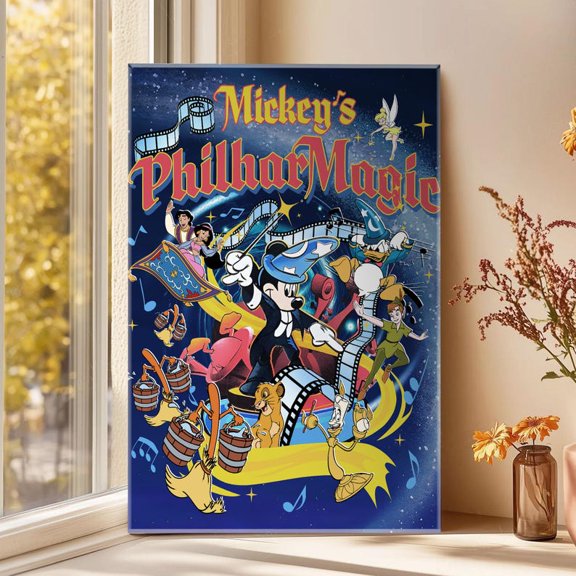 Vintage Animation Style Illustration Featuring Sorcerer Mickey in a Musical Fantasy Scene with Classic Characters – Size 24x36 Unframed Poster