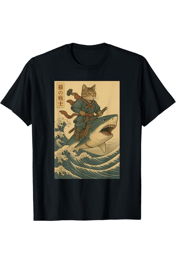 Vintage Anime Cat Japanese Funny Samurai Cat Riding Shark unisex T-Shirt