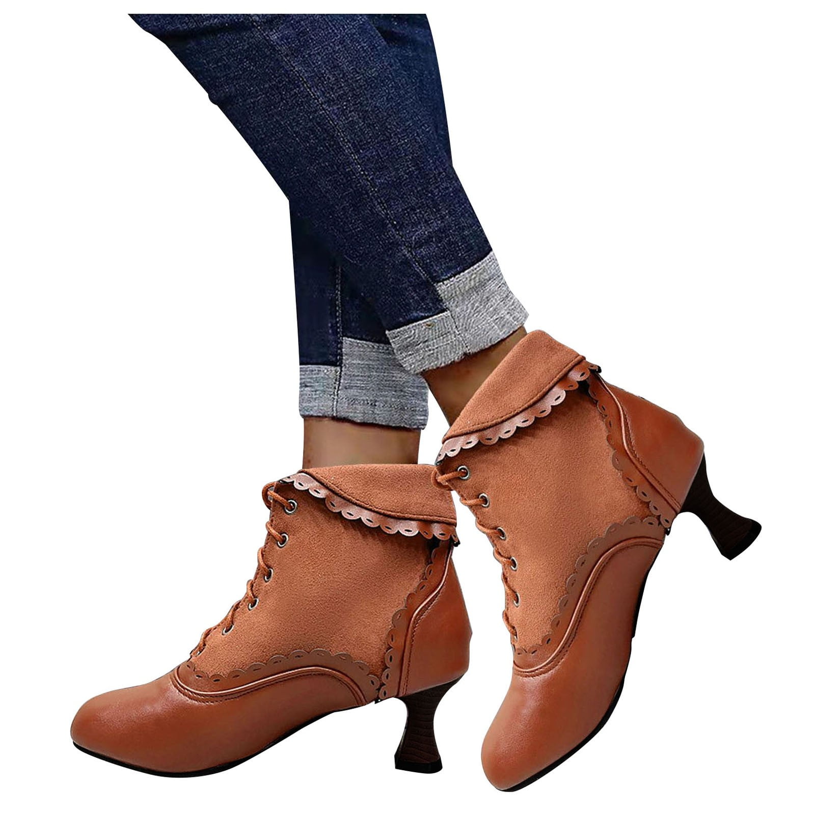 Oyedens Vintage Ankle Boots for Women 70s Retro Leather Kitten Mid Heel Lace up Witch Combat Dress Booties, Women's, Size: 9.5, Brown