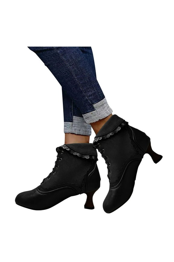 Vintage Ankle Boots for Women 70s Retro Leather Kitten Mid Heel Lace up Witch Combat Dress Booties