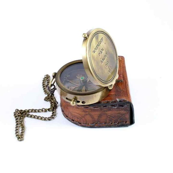 Vintage Antique Brass Compass Life Is a Journey Not a Destination Theme with Leather Case and Chain Novelty Gift Idea
